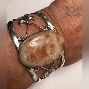 Sunstone Stamped 925 Sterling Silver Cuff Bracelet